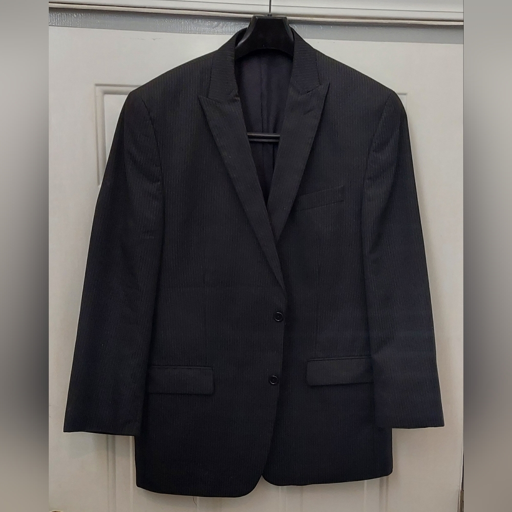MICHAEL KORS MENS BLACK STRIPED 2-BUTTON POLYESTER-VISCOSE BLEND BLAZER SIZE 44R